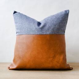 Linen + Faux Leather - Coastal Blue Linen/Cotton Blend Modern Farmhouse Contemporary Home Pillow Inserts Available - thumbnail 2