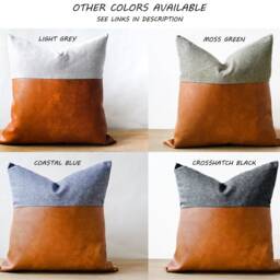 Linen + Faux Leather - Coastal Blue Linen/Cotton Blend Modern Farmhouse Contemporary Home Pillow Inserts Available - thumbnail 4