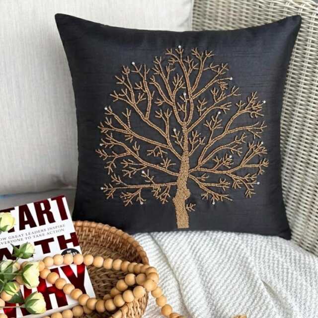 "Black Beaded Nature & Floral Art Silk Throw Pillow Cover, 16""x16" - image 1
