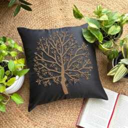 "Black Beaded Nature & Floral Art Silk Throw Pillow Cover, 16""x16" - thumbnail 2