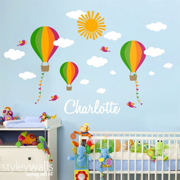 Nursery Wall Decal Hot Air Balloons Custom Name Kids Balloon Decor Clouds Personalized - image 1