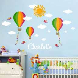 Nursery Wall Decal Hot Air Balloons Custom Name Kids Balloon Decor Clouds Personalized - thumbnail 1