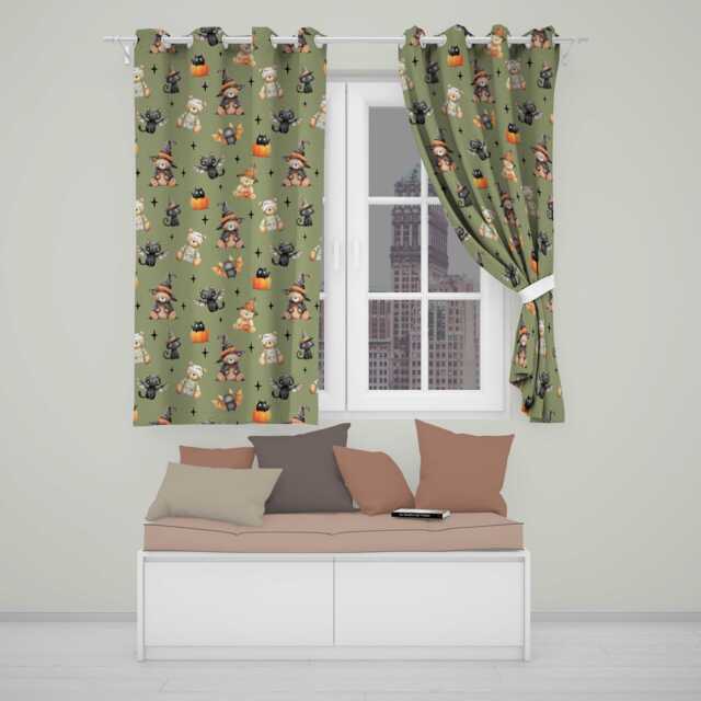 Halloween Teddy Bear Witch Cat Bat Pumpkin Seamless Pattern Sage Green Readymade Eyelet Ring Top Thermal 100% Blackout Curtains - image 1