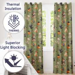 Halloween Teddy Bear Witch Cat Bat Pumpkin Seamless Pattern Sage Green Readymade Eyelet Ring Top Thermal 100% Blackout Curtains - thumbnail 3