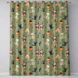 Halloween Teddy Bear Witch Cat Bat Pumpkin Seamless Pattern Sage Green Readymade Eyelet Ring Top Thermal 100% Blackout Curtains - thumbnail 2