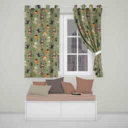 Halloween Teddy Bear Witch Cat Bat Pumpkin Seamless Pattern Sage Green Readymade Eyelet Ring Top Thermal 100% Blackout Curtains - thumbnail 1