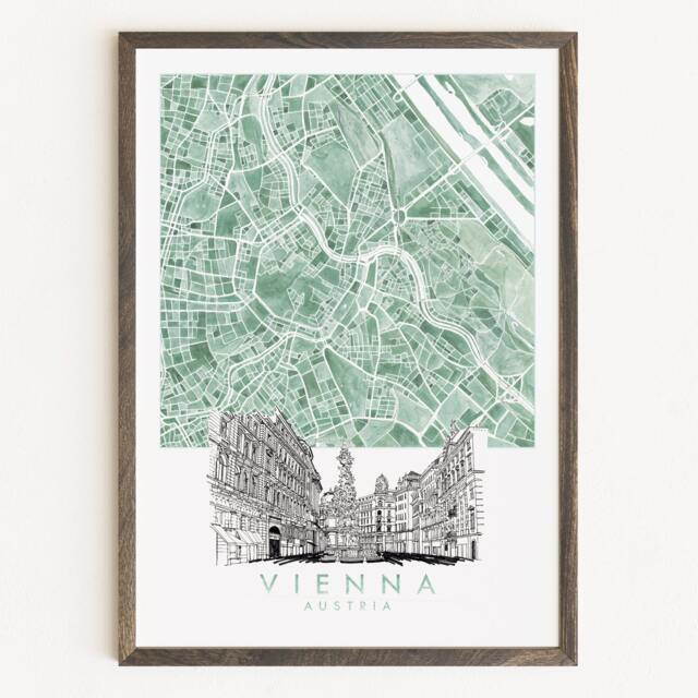 Vienna Watercolor Map & Architectural Sketch Print Austria City Block Plan - Art Print Wedding Graduation Gift Alpine European Travel Art - image 1