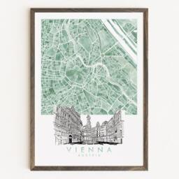 Vienna Watercolor Map & Architectural Sketch Print Austria City Block Plan - Art Print Wedding Graduation Gift Alpine European Travel Art - thumbnail 1