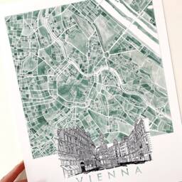 Vienna Watercolor Map & Architectural Sketch Print Austria City Block Plan - Art Print Wedding Graduation Gift Alpine European Travel Art - thumbnail 3