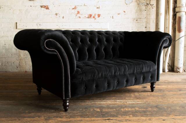 British Handmade Black Soft Velvet 2 Seater Chesterfield Sofa - image 1