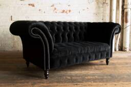 British Handmade Black Soft Velvet 2 Seater Chesterfield Sofa