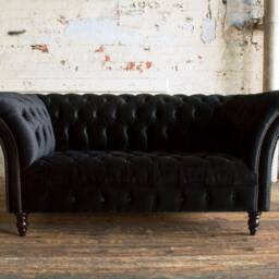 British Handmade Black Soft Velvet 2 Seater Chesterfield Sofa - thumbnail 2