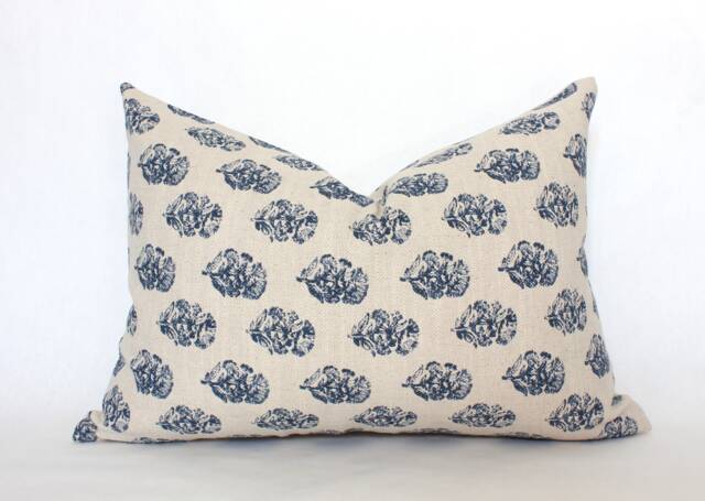 Last Chance ~ Navy Floral Lumbar Pillow, Pillow Blue, Cream & Blue 12x20, 14x20, 14x24, 14x36 -- Owen - image 1