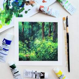 Forest Light Gouache Art Print, A4 Art Print, Painting, Watercolor Landscape Wall Deco, Square Print - thumbnail 2