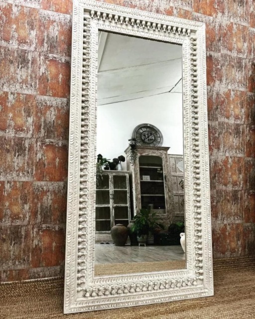 Tall Hand-Carved Mango Wood Wall Mirror - Whitewashed Finish - image 1