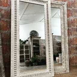 Tall Hand-Carved Mango Wood Wall Mirror - Whitewashed Finish - thumbnail 2