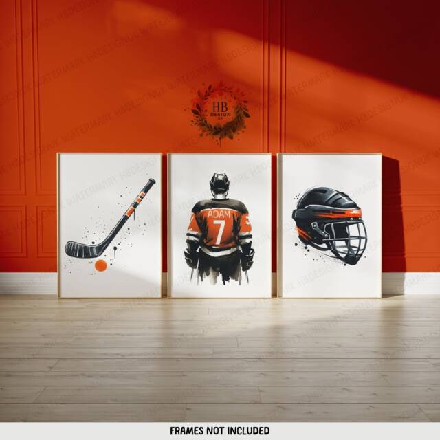 Custom Hockey Poster Set - 3 Orange Prints - Boys Bedroom Decor Personalised Kids Room Artwork Print Sport Wall Art Gift - image 1