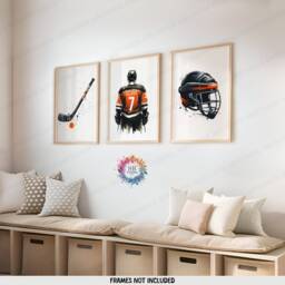 Custom Hockey Poster Set - 3 Orange Prints - Boys Bedroom Decor Personalised Kids Room Artwork Print Sport Wall Art Gift - thumbnail 2