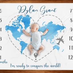 World Map Adventure Milestone Blanket, Baby Shower Giift, Personalized Custom New Gift, Boy - thumbnail 3