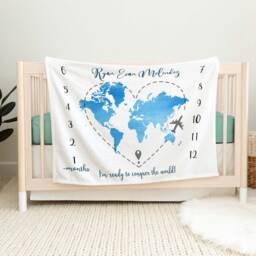 World Map Adventure Milestone Blanket, Baby Shower Giift, Personalized Custom New Gift, Boy - thumbnail 1