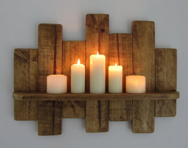 80cm Reclaimed Pallet Wood Floating Shelf/Led Candle Holder Shabby Chic Country Cottage Furniture - image 1