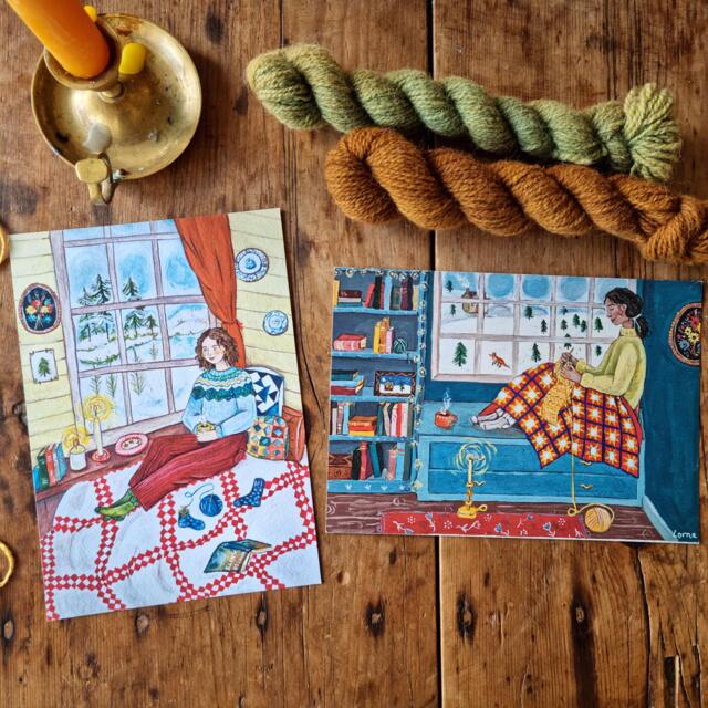 Knitting Nook 1 & 2 - Set Of Two A5 Prints Cosy Christmas Winter Illustrations - image 1