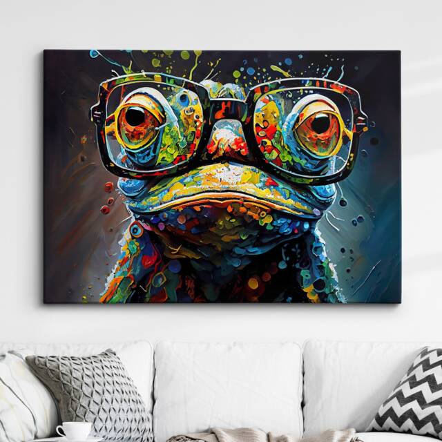 Fun & Unique Frog With Glasses Abstract Modern Painting Wall Art, Framed Canvas Poster Print, Home Kitchen Office Room Decor, Gifts - image 1