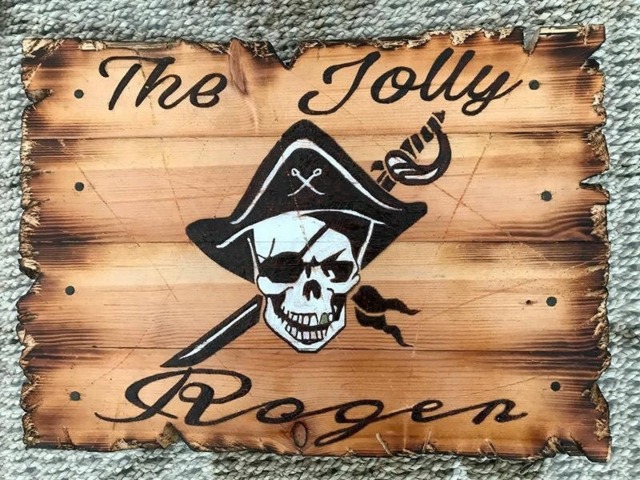Pirate Skull Decor The Jolly Roger Wood Burned & Painted Skull Cross Bones Mens Gift Rustic Man Cave Wall Wooden Bar Sign - image 1