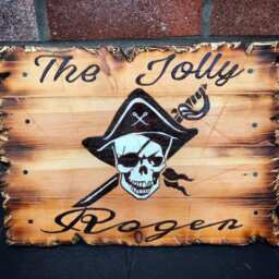 Pirate Skull Decor The Jolly Roger Wood Burned & Painted Skull Cross Bones Mens Gift Rustic Man Cave Wall Wooden Bar Sign - thumbnail 2