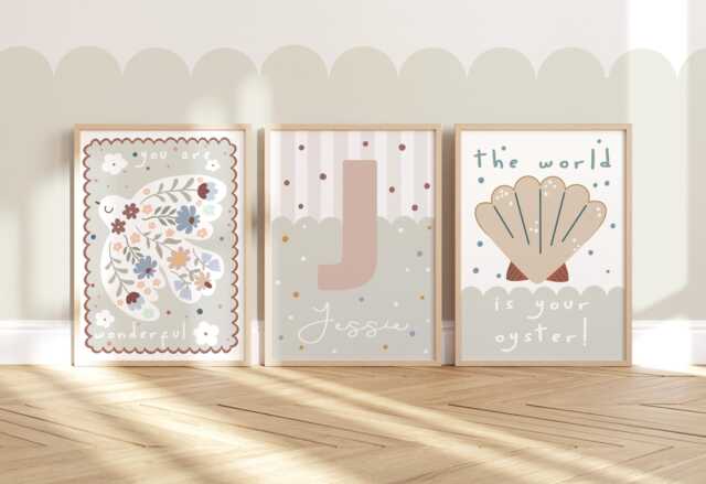 Set Of 3 Personalised Pastel Beige Print Set, World Is Your Oyster Print, Peace Dove, Girl Bedroom Decor, Teen Art Prints - image 1