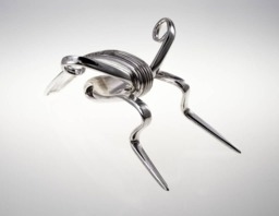 Silver Fork Cricket Sculpture, Upcycled Tabletop Art - thumbnail 1