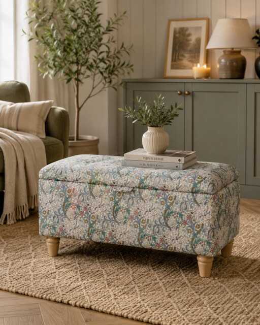 William Morris Storage Footstool, Golden Lily Ottoman Box With Wooden Legs - image 1