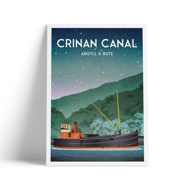 Crinan Canal Travel Poster With Puffer Steamboat - Argyll & Bute A3, A2, A1 Sizes - image 1