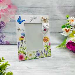 "Floral Butterfly Decoupage Photo Frame, Rustic Wooden Heart Decor - 4""x6" - thumbnail 3