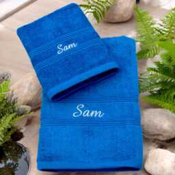 Personalised Royal Blue Hand Towel & Matching Face Cloth Flannel - Custom Embroidered For You Or As A Gift Friend - thumbnail 1