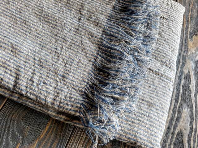 Washed Linen Striped Blanket, Softened Blue Beige Throw, Beach Wrap, Cover - image 1