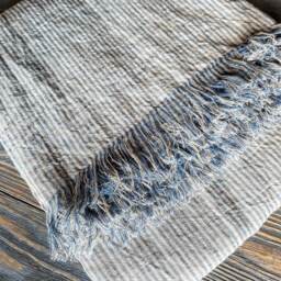 Washed Linen Striped Blanket, Softened Blue Beige Throw, Beach Wrap, Cover - thumbnail 3