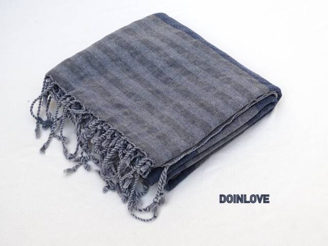 Striped Turkish Cotton Bath Towel, Stonewashed Gray Blue Peshtemal - image 1