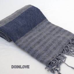 Striped Turkish Cotton Bath Towel, Stonewashed Gray Blue Peshtemal - thumbnail 3