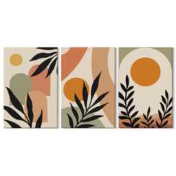 Set Of 3 Canvas Prints - Shapes & Plant Motifs in Warm Colors, Orange Wall Art, Abstract Hanging Piece - thumbnail 1