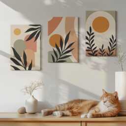 Set Of 3 Canvas Prints - Shapes & Plant Motifs in Warm Colors, Orange Wall Art, Abstract Hanging Piece - thumbnail 2