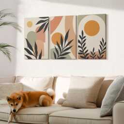 Set Of 3 Canvas Prints - Shapes & Plant Motifs in Warm Colors, Orange Wall Art, Abstract Hanging Piece - thumbnail 3