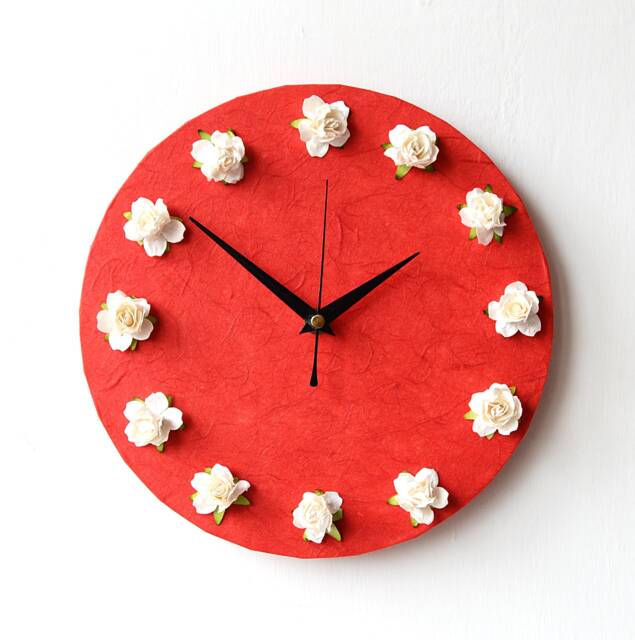 Roses Wall Clock - Red Mulberry Paper White Decoupage 3D Flowers And - image 1