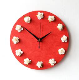 Roses Wall Clock - Red Mulberry Paper White Decoupage 3D Flowers And