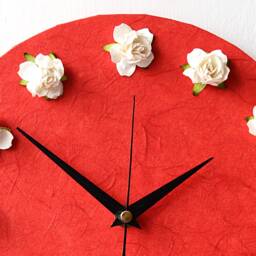 Roses Wall Clock - Red Mulberry Paper White Decoupage 3D Flowers And - thumbnail 3
