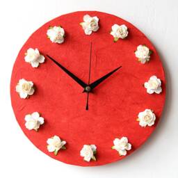 Roses Wall Clock - Red Mulberry Paper White Decoupage 3D Flowers And - thumbnail 2