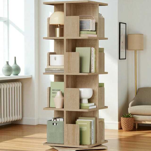 4-Tier Rotatable Bookcase - 360 Standing Shelf Unit Wooden Storage Organizer - Light Oak, 40x40x129cm - image 1