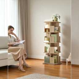 4-Tier Rotatable Bookcase - 360 Standing Shelf Unit Wooden Storage Organizer - Light Oak, 40x40x129cm - thumbnail 2