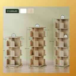 4-Tier Rotatable Bookcase - 360 Standing Shelf Unit Wooden Storage Organizer - Light Oak, 40x40x129cm - thumbnail 3