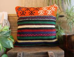 40cm - 16Inch Boho Kilim Cushion Cover Handwoven - Vibrant Colours Orange Green Blue